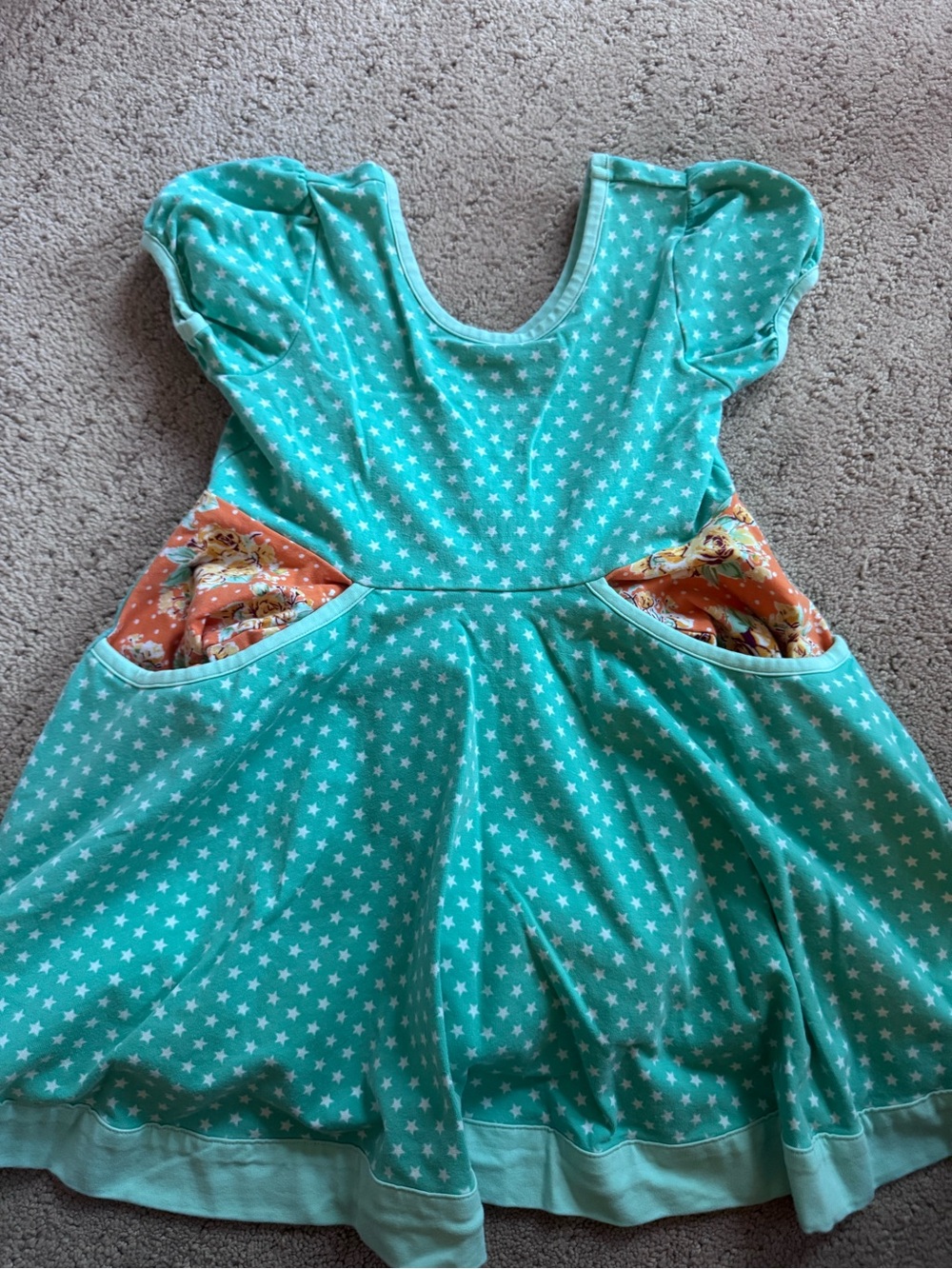 Girl's Teal Star Pocket Dress with Orange Pocket Accents
